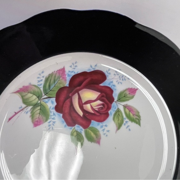 Queen Anne Black Rose Pattern Bone China England Black Rim Rose Pattern Dishes - Picture 3 of 6